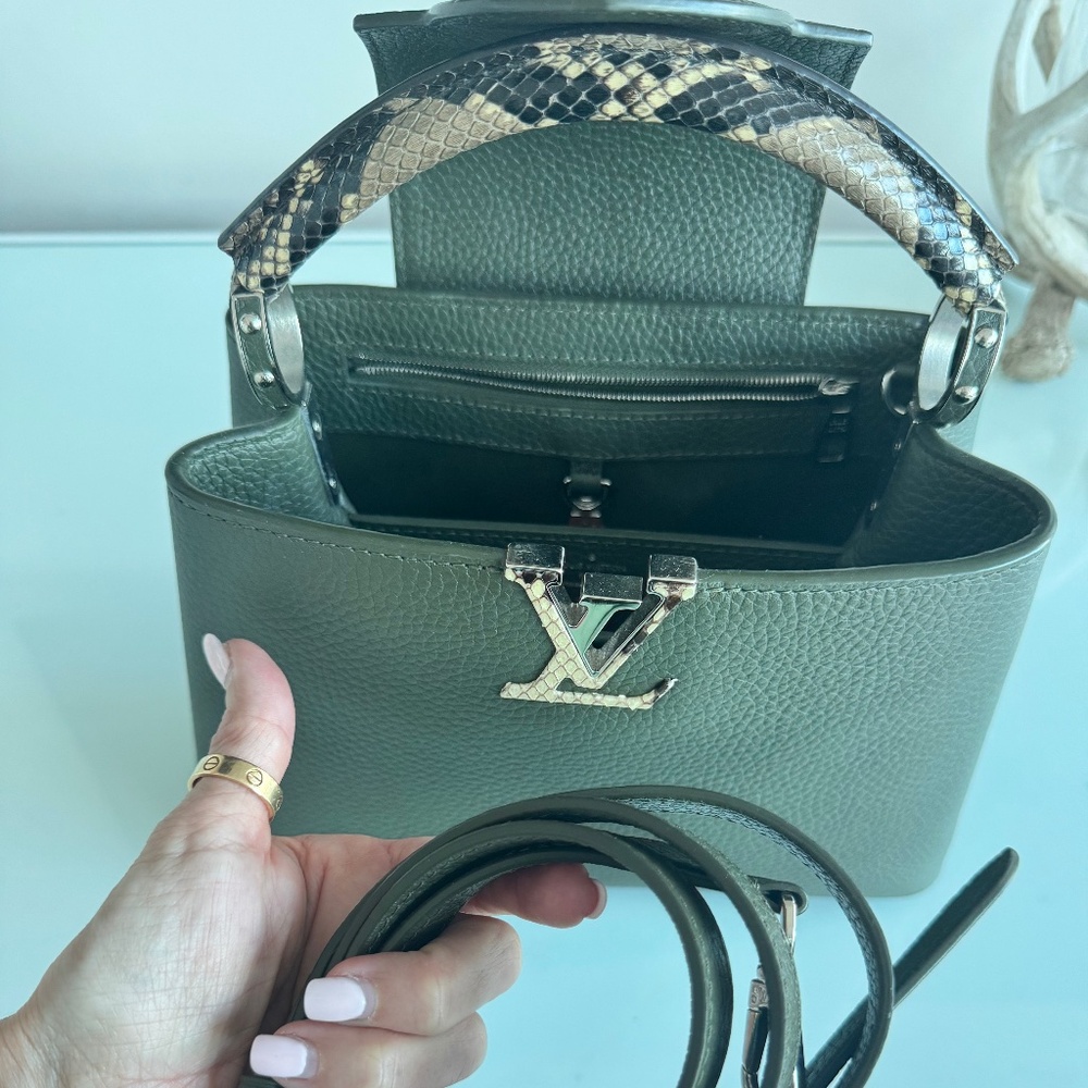 Rare Louis Vuitton Capucine MM with strap and alligator skin handle and logo